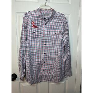 Ole Miss Rebels Shirt Mens M Drake Hunting Fishing Red Blue Vented Button Up